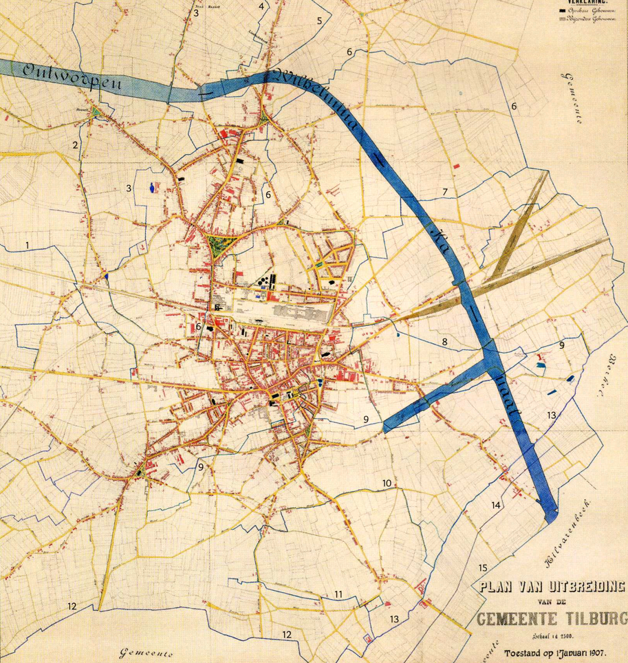 1907 Waterlopen in Tilburg en het het geprojecteerde Wilhelminakanaal.