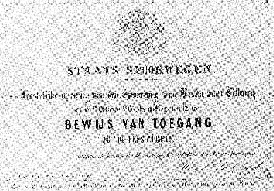 1863 Bewijs van toegang tot de feesttrein Breda-Tilburg.