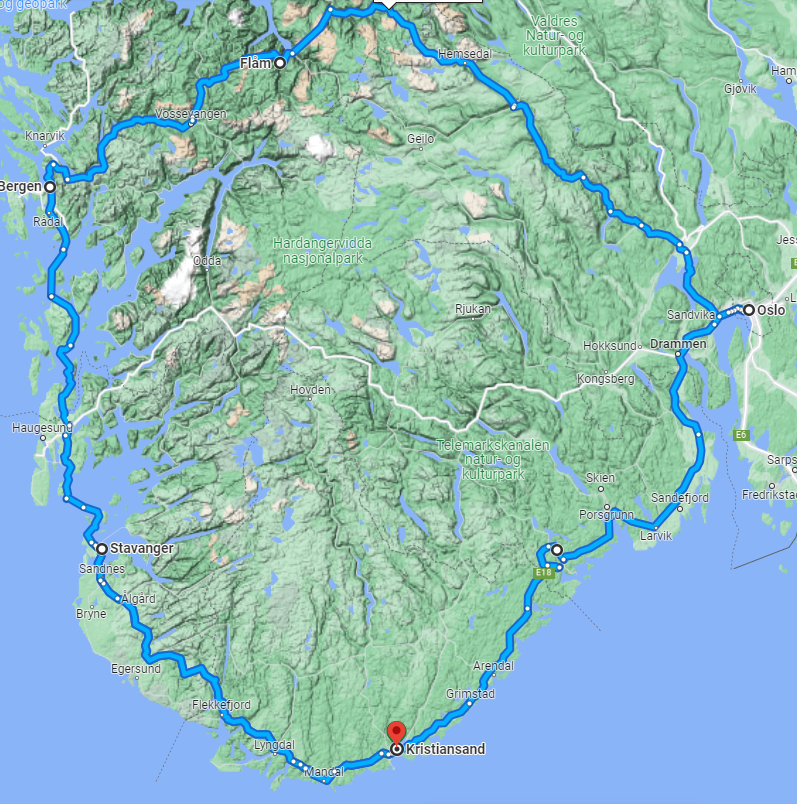 Noorwegen, rondreis door het zuiden met ferry en trein (kaart terrein).