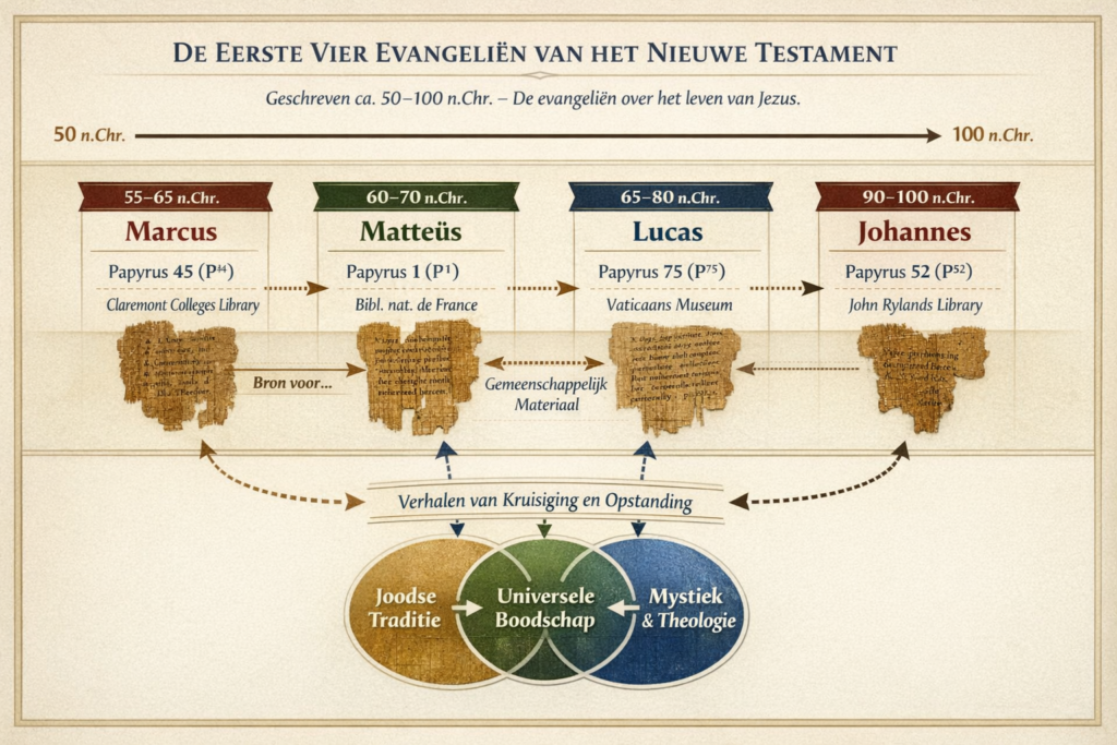 De eerste vier evangeliën van het nieuwe testament (50-100 na Christus)